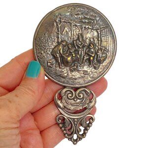 Denmark Silver Plate Handheld Mirror With Embossed Rustic Scene Ornate Handle